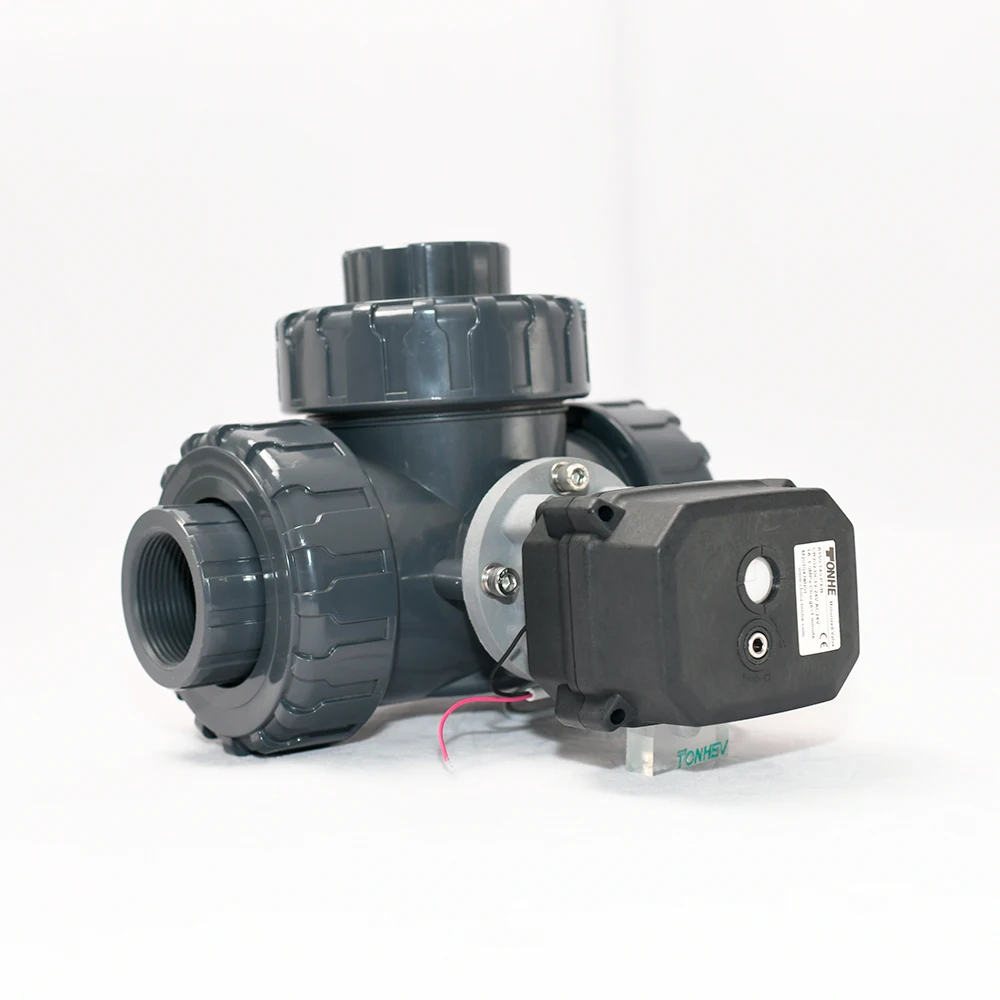 DN40 1-1/2'' 3-Way UPVC True Union Motorized Ball Valve With Manual Override NO/NC Capacitor Auto Return Electric Motor |