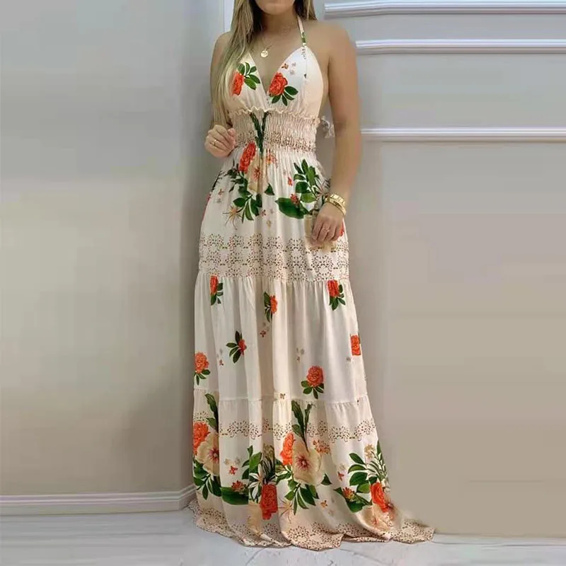 

Floral Print Long Dress Women 2021 Summer Fashion V Neck Hollow Out Backless Casual Sexy Strap Beach Dress