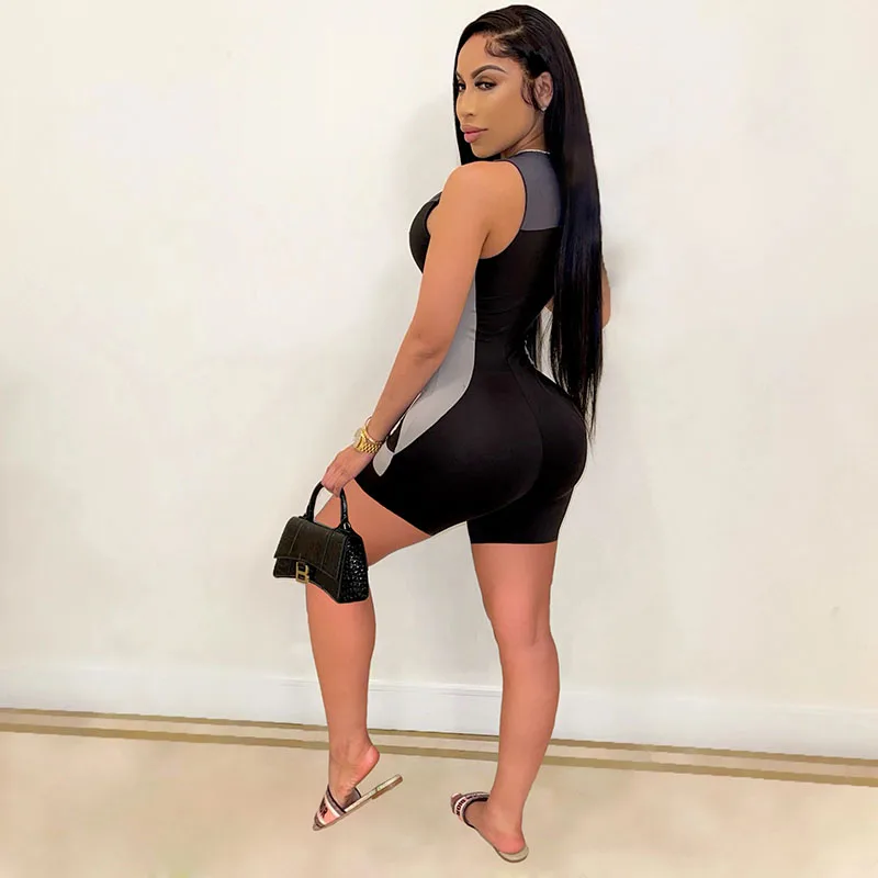 

Kricesseen Sexy Print Patchwork Skinny Short Jumpsuit Summer Women Front Zipper Playsuit Sleeveless Sportwear One Pieces Rompers