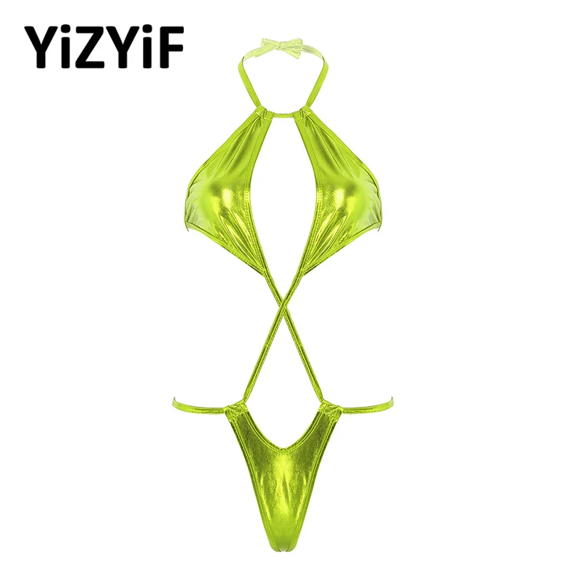 

Женское нижнее белье, цельный Блестящий металлический боди, монокини, с лямкой на шее, с открытой спиной, Рогатка, трикини, стринги, боди, ноч...