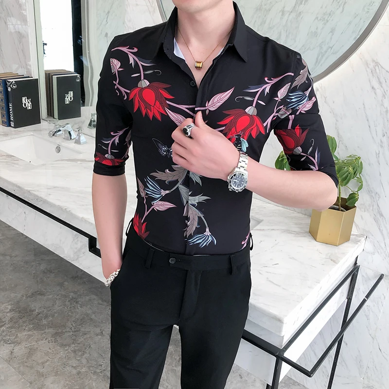 

Loldeal Middle-sleeved Shirt British Style Slim Floral Batik Mixed Cotton Lapel