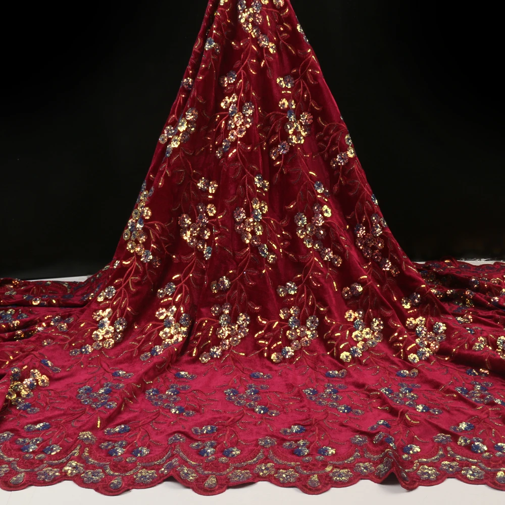 

African velvet lace fabric 2020 high quality lace perforated design embroidery with sequins laces mesh fabrics for evening dress