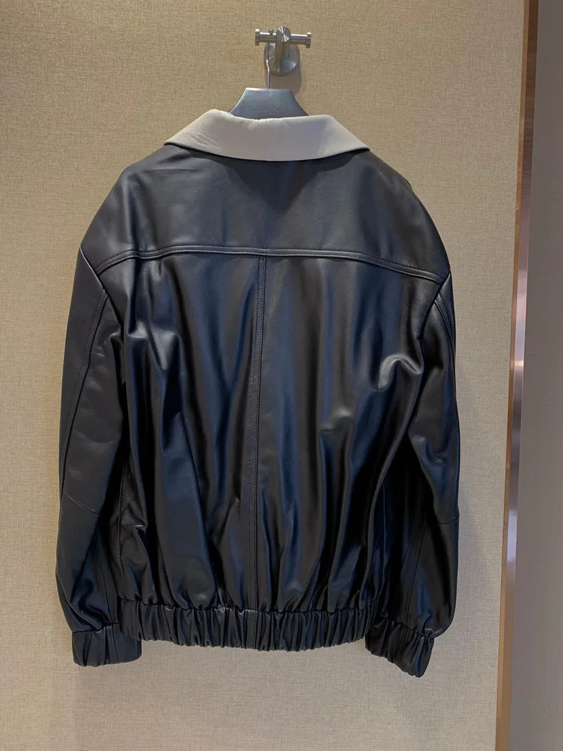 Spring Autumn New Designer Women's High Quality Genuine Leather coat Chic V-neck leather jackets C943