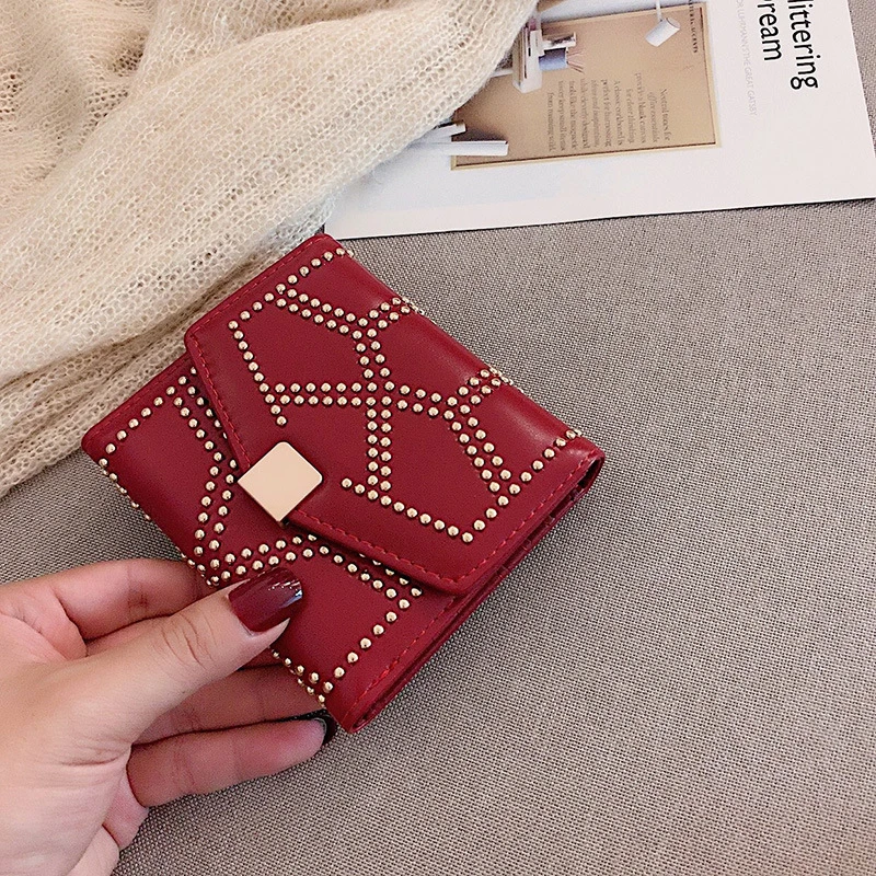 

Wallets Women Rivet Short Metal Buckle Three Fold Coin Purses Female Pu Leather Credit Card Holder Money Clip Clutch Bag