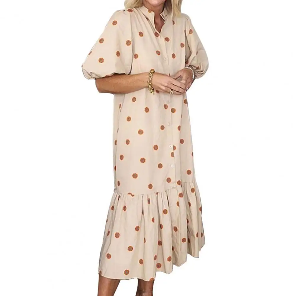 

Dress Women Summer Fashion Stand Collar Casual Lady Sundress Polka Dot Print Half Lantern Sleeve Midi Dresses