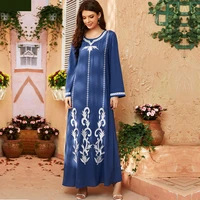 muslim dresses 2021 women round neck long sleeve light blue solid color embroidery stitching robe kaftan turkish arabic dress