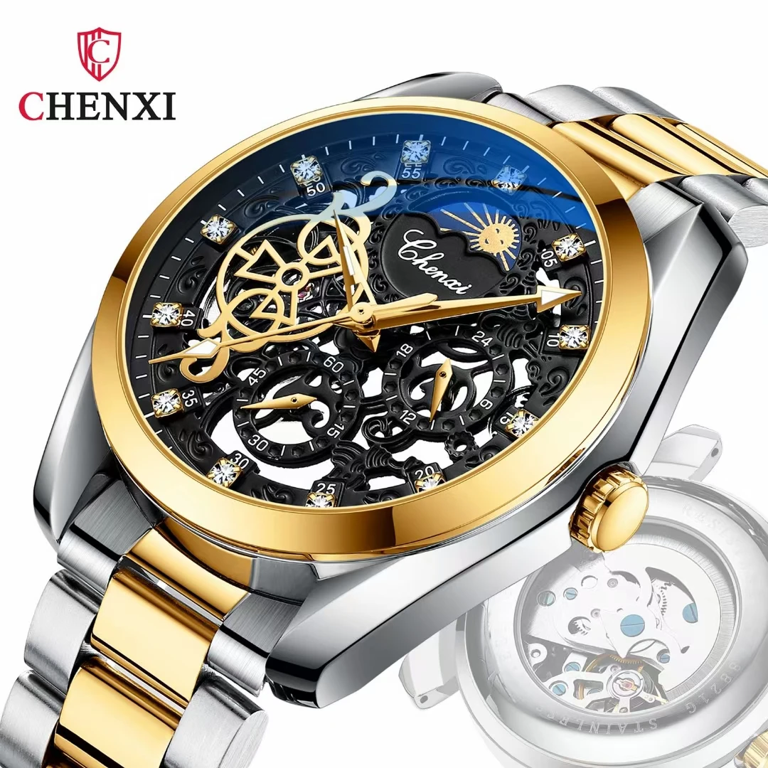 

Mens Automatic Mechanical Watches Luxury Brand CHENXI Chronograph Moon Phase Watch Anniversary Gift Self Winding Mens Wristwatch