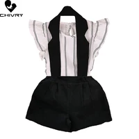 two piece girls clothing sets summer 2022 baby girl striped o neck ruffles t shirts tops with overalls kids clothes suit