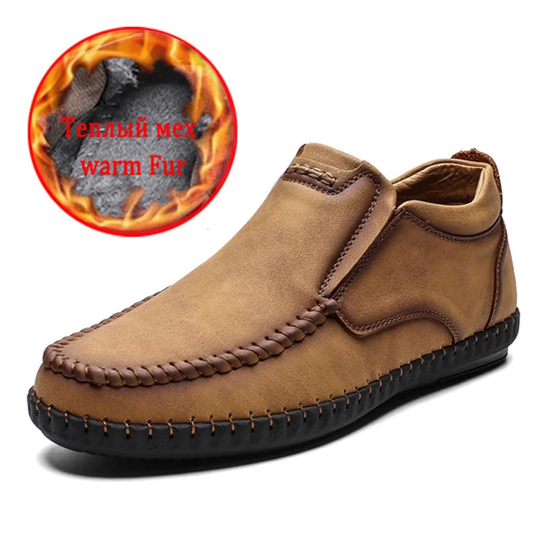 Fur yellow brown Классические мужские ботинки зимние плюшевые теплые зимние ботинки высококачественные ботильоны из толстого плюша без шнуровки обувь для вождения Осенняя обувь, большие размеры 38-48 - Color: Fur yellow brown