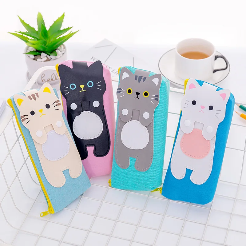 

Cute creative cat cartoon canvas pencil bag female student large capacity zipper pencil case pencil case pen case pencil bag