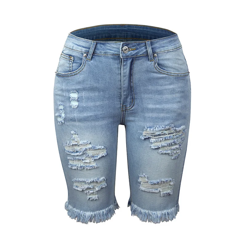 Quanss Summer Fashion Streetwear Tassel High Elastic Denim Shorts Capris Women 2021 New Casual Hole Short Jeans