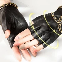 2pcs womens genuine leather half gloves with metal chain skull punk motorcycle biker fingerless glove cool touch screen gloves