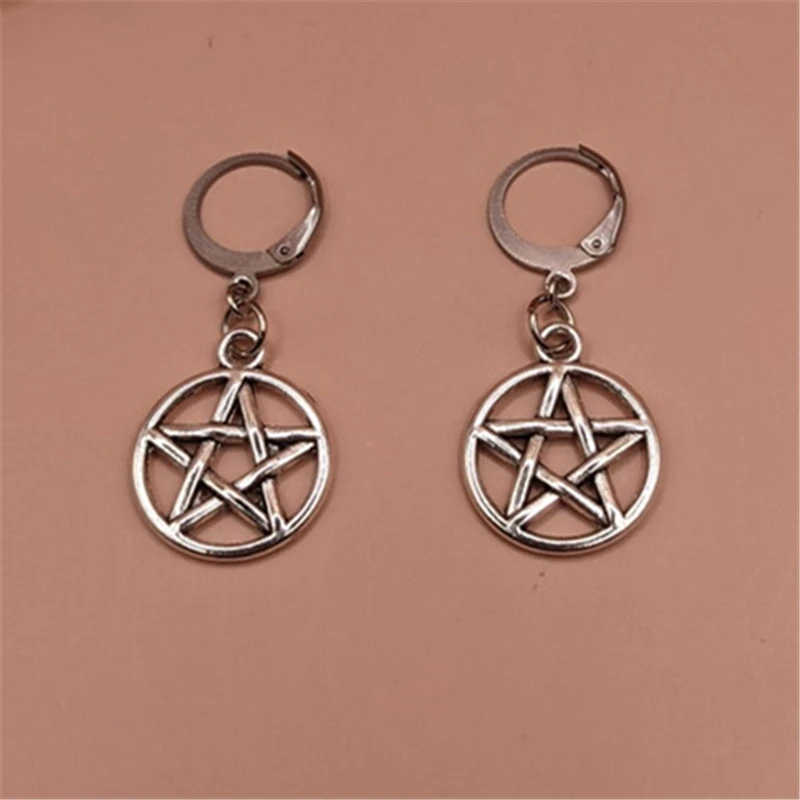 

Antique Silver Color Pentagram Clip Earrings Punk Witch Star Hoope Earrings