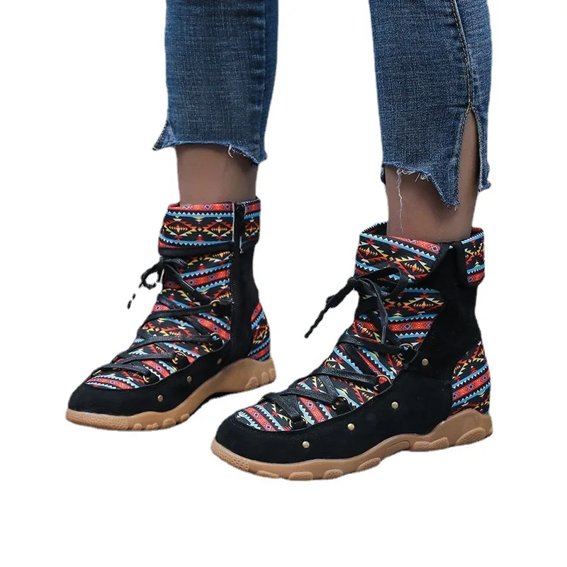 

High-top sneakers 2021 new ladies fashion boots large size retro pattern high-top shoes flat-heel women Martin boots ankle boots