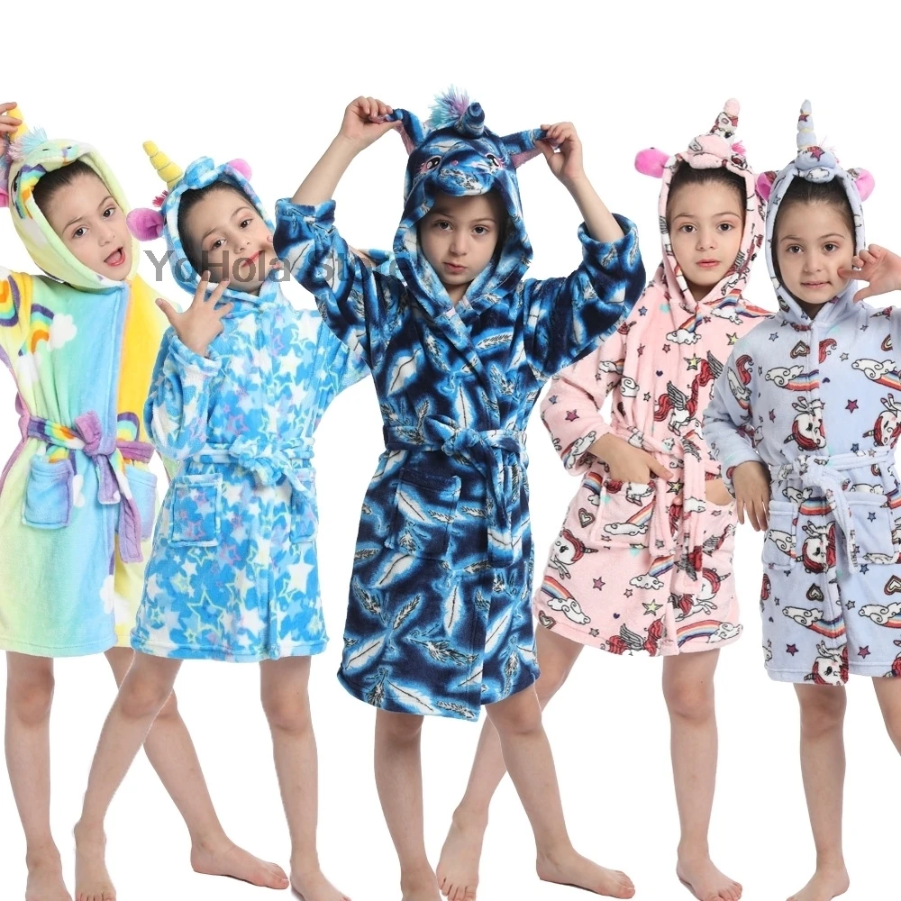 

Baby Robe Cartoon Hoodies Girl Boys Sleepwear Rainbow Unicorn Bath Towels Kids Soft Bathrobe Pajamas Children's Clothing