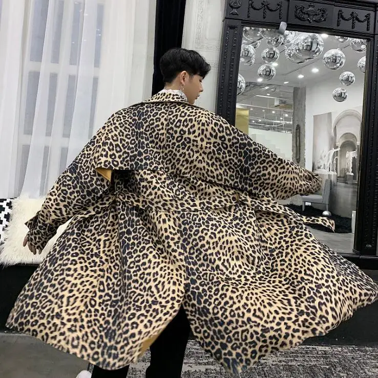 Mens trench coats man leopard long coat men clothes loose overcoat fashion long sleeve 2020 spring autumn new designer