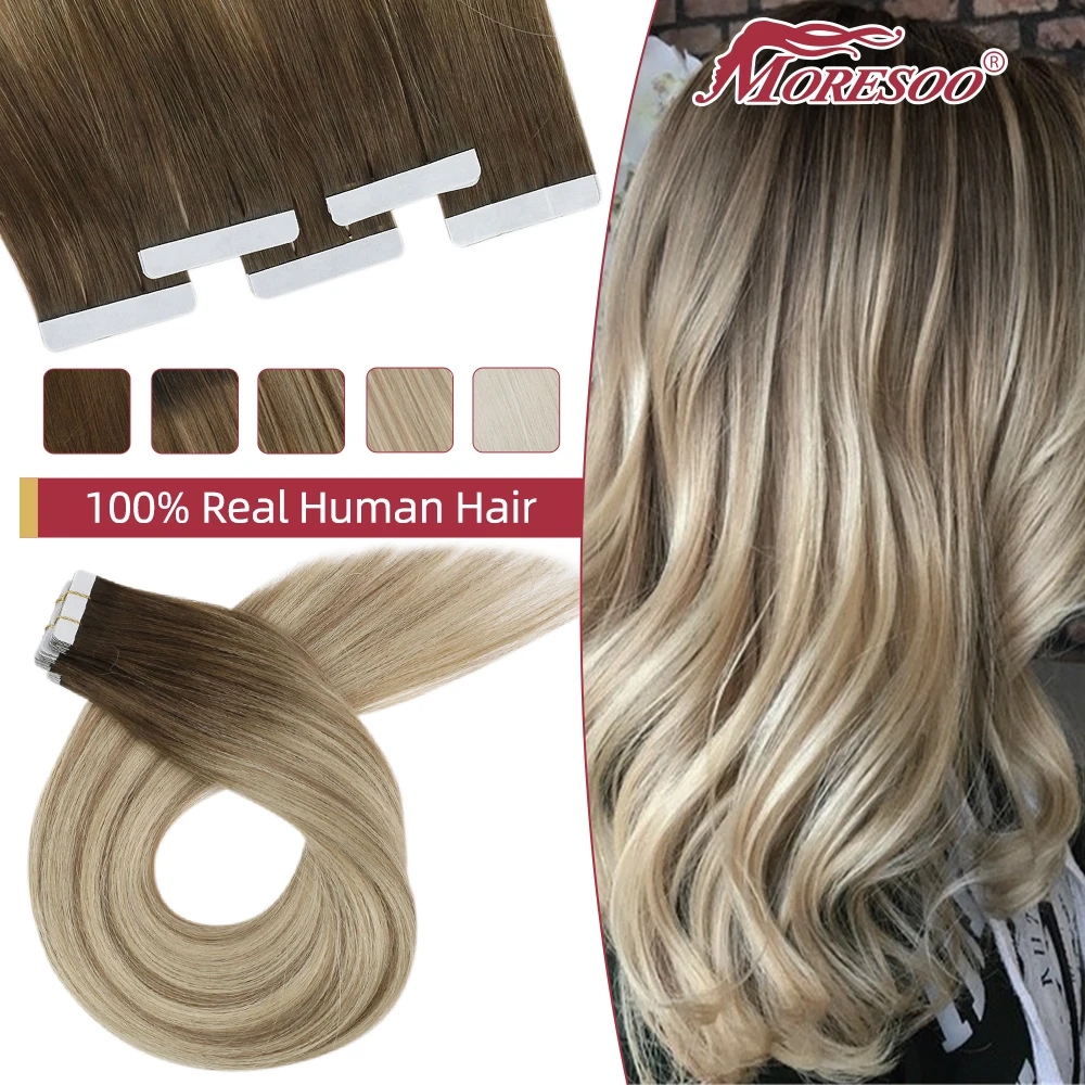 

Moresoo Virgin Tape in Hair Extensions 100% Real Human Hair 2.5g/pcs Natural Straight High Quality 12 Months Hair Tape ins