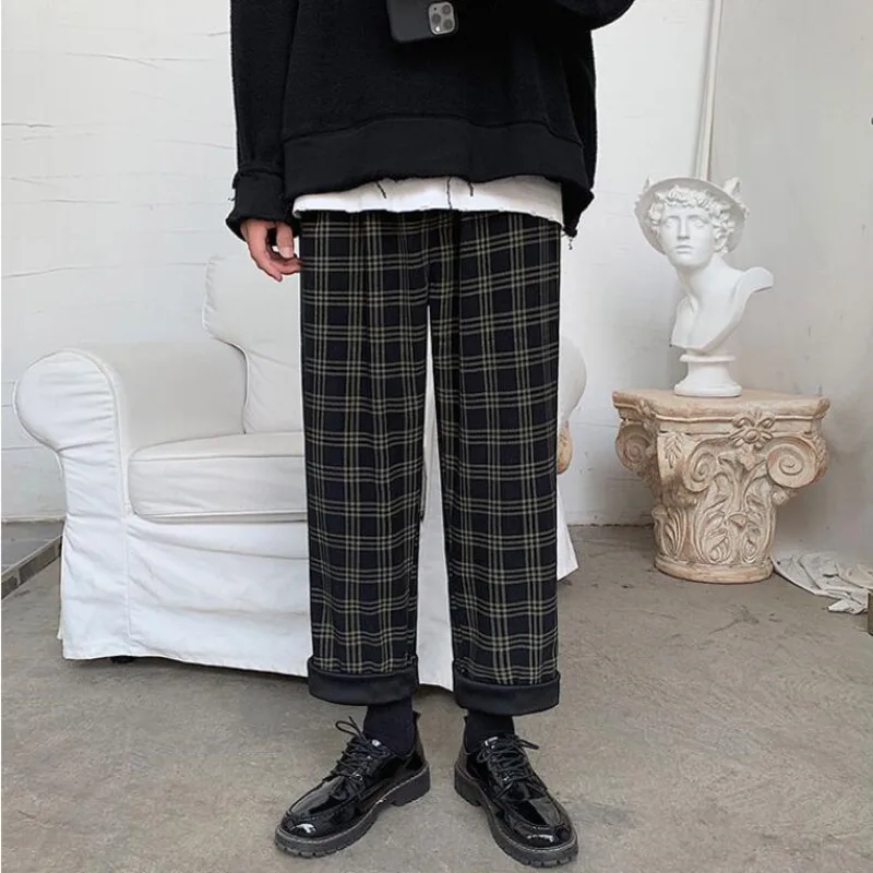 

Spring Autumn Corduroy Pants Men's Fashion Retro Plaid Pants Men Streetwear Loose Straight Wide-leg Pants Mens Trousers M-5XL