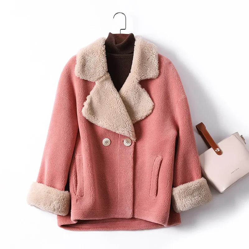 Pink Женские зимние пальто из овечьей кожи с натуральным мехом; куртка из овечьей шерсти; Новая Модная парка из овечьей шерсти; пальто; верхняя одежда женская - Цвет: Pink