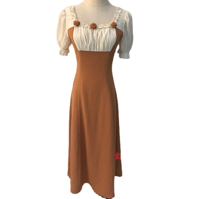 

Summer French stitching retro dress women's design flower square neck short-sleeved mid-length dress