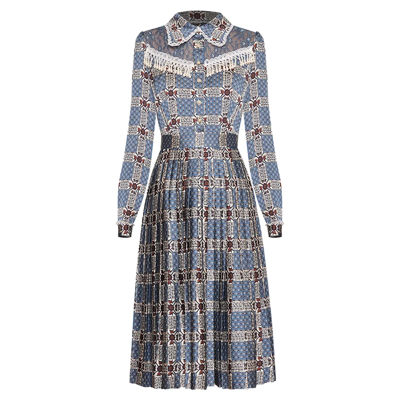 Женское плиссированное платье модельное с длинным рукавом и цветочным принтом в