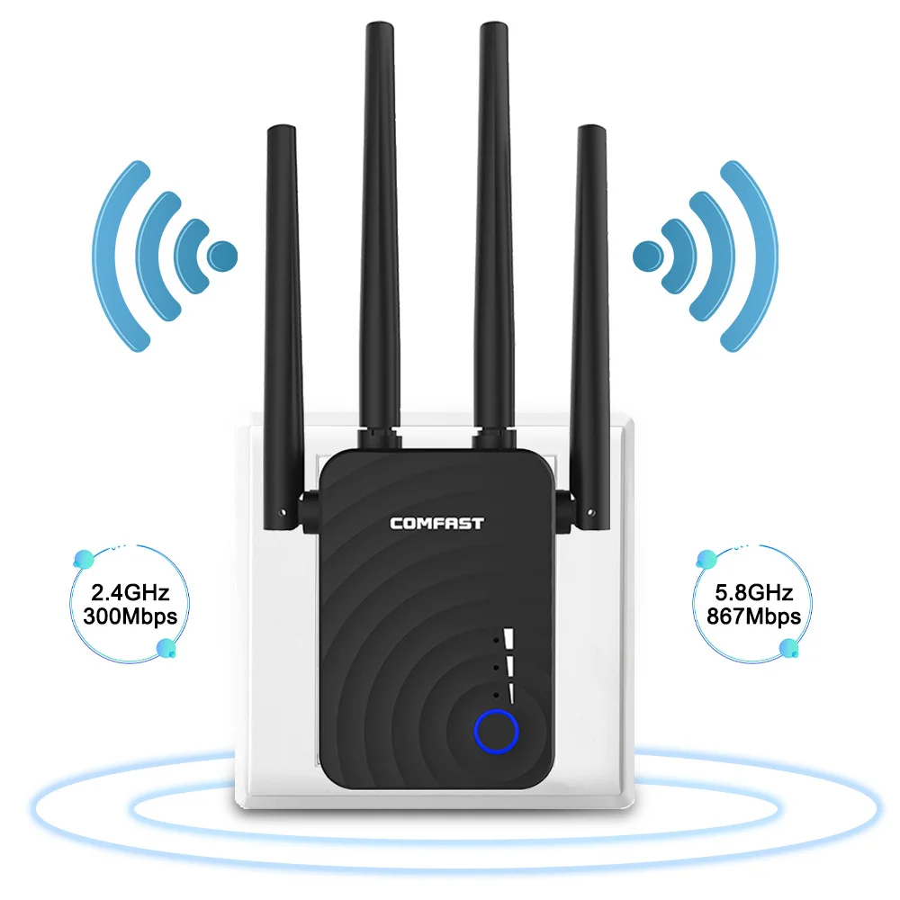

COMFAST WiFi Extender 5.8GHz 1200Mbps Dual Band Wireless WiFi Signal Range Booster Repeater with 2 Ethernet Port 4 Antennas