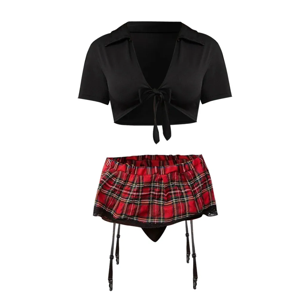

Sexy Lingerie For Women Student Cosplay Uniforms Erotic Underwear Lace-up Bra Plaid Mini Dress Lenceria Mujer Babydoll Garter