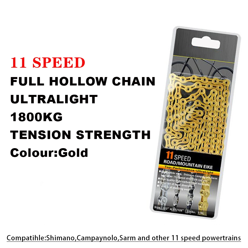 

Sports 10 11 speed Bicycle chain silver half hollow bike chain mountain road bike full hollow chains ultralight 116L