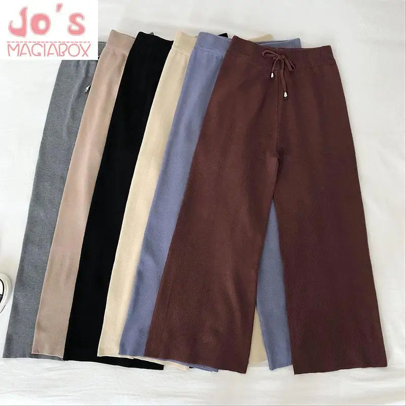 

Autumn Casual Women Knitted Wide Leg Pants Vintage Female Solid Elastic Waist Trousers Mujer High Waist Loose Pantalones