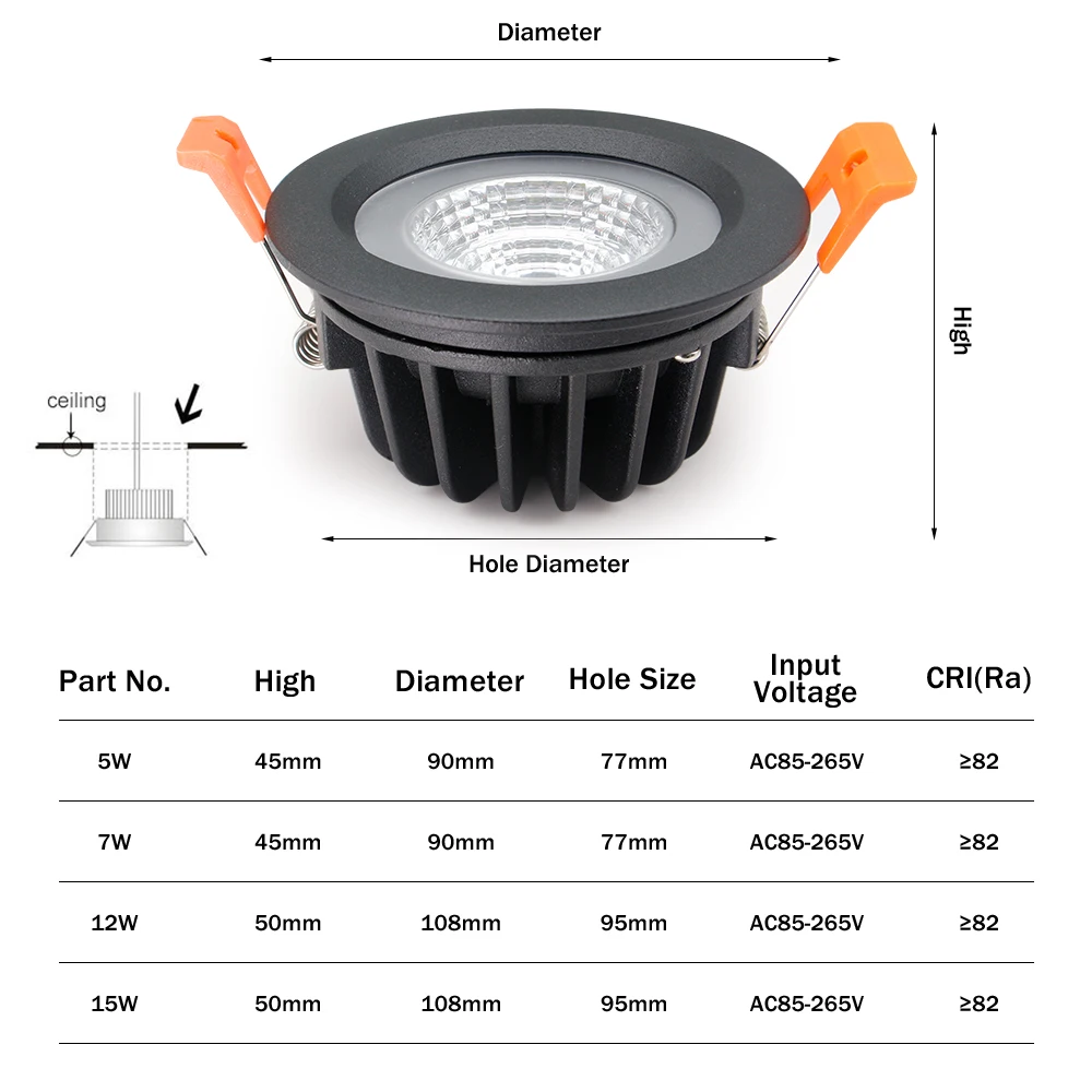 [DBF]-Foco de techo de LED IP65, resistente al agua, 5 W, 7W, 12W, 15W, lámpara redonda empotrada para baño, 3000K/4000K/6000K