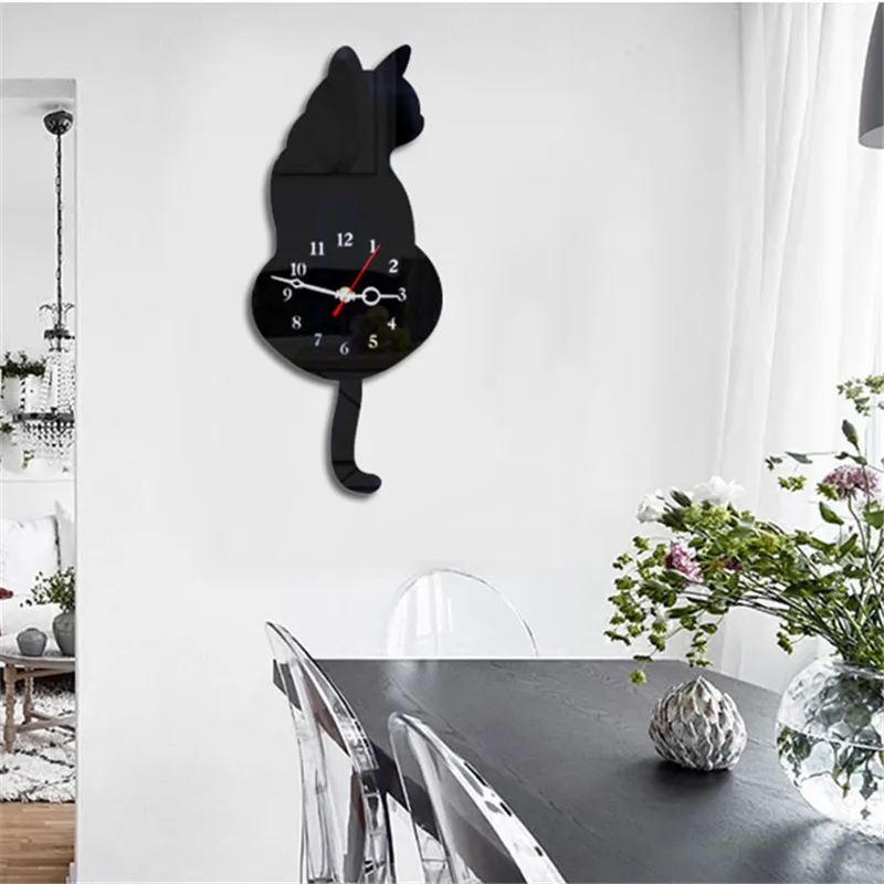 Creative Cute White/Black Wagging Tail Cat Wall Clock for Household Decorative Clocks | Дом и сад