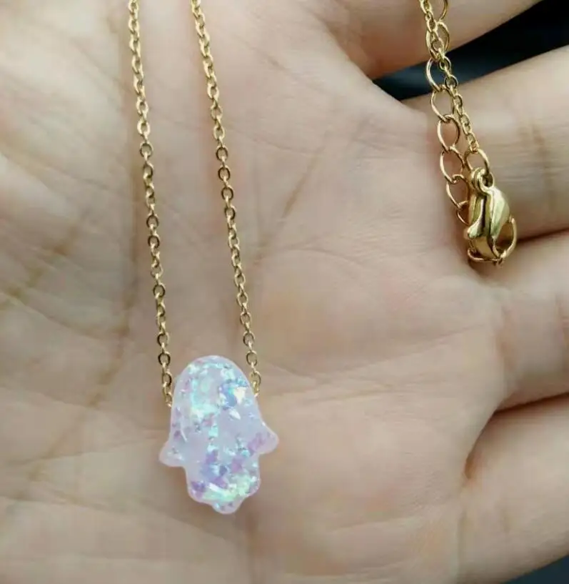 Женское Ожерелье с опалом Hamsa 9 цветов цепочка из нержавеющей стали золотом
