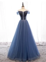 sexy off the shoulder evening dresses 2021 new arrival tulle prom gowns beading top sweep train party dress