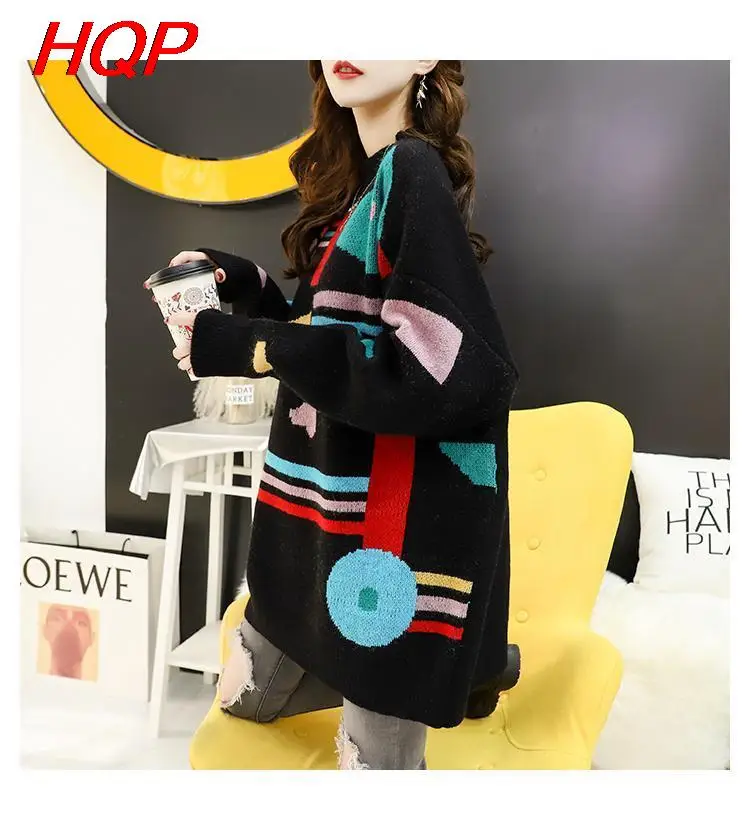 

Kpop Sweater pullover geometric contrast retro casual long-sleeved sweater women's mid-length Korean shirt mujer sweater tops