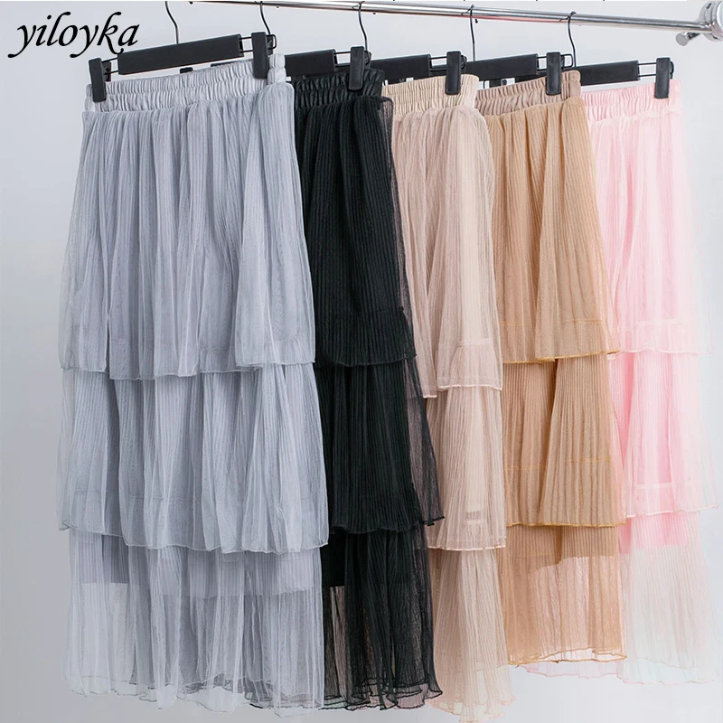 Женская многослойная плиссированная юбка-пачка длинная сетчатая юбка с высокой