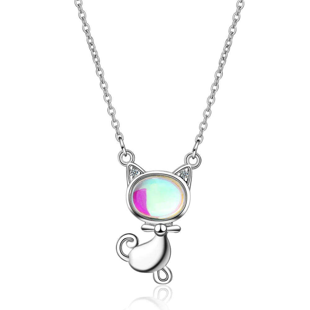 

YH-ZL 925 Sterling Silver Moon Light Stone Cat Pendant Neckace For Women Gift 43cm Chain collares kolye