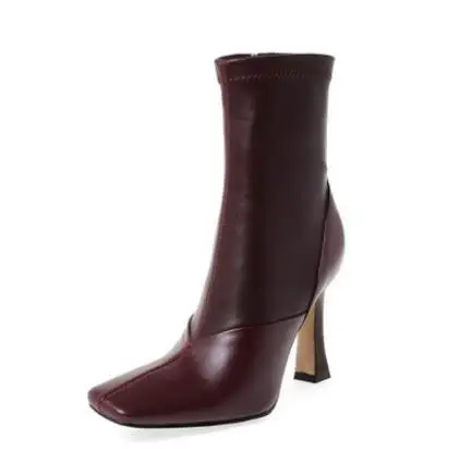 wine red KALMALL Kendall Jenner/стильные ботильоны; женские короткие ботинки с квадратным носком; ботинки на молнии на каблуке «рюмочка»; сезон осень-зима - Цвет: wine red