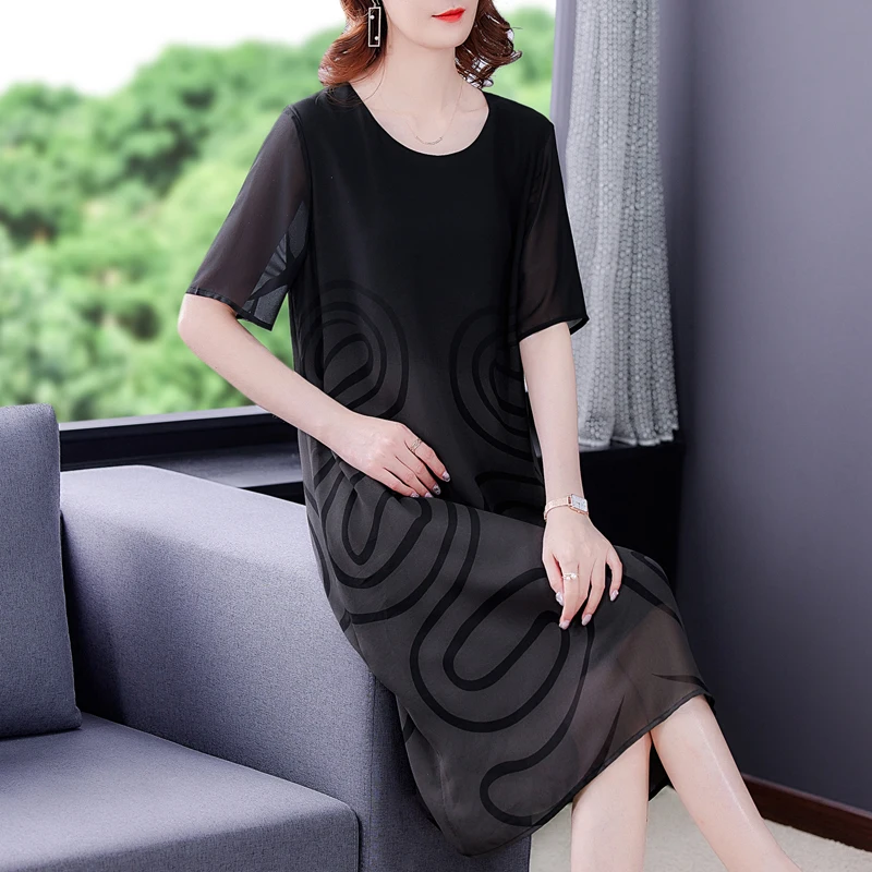 

Summer Vintage 5XL Plus Size Chiffon Midi Dresses Elegant Casual Print Mulberry Silk Sundress 2022 Women Bodycon Party Vestidos