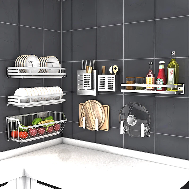 

304 Stainless Steel Wall Mount Kitchen Storage Rack Dish Drainer Plate Drying Shelf Cover Cutlery Holder Oragnizer Accessories