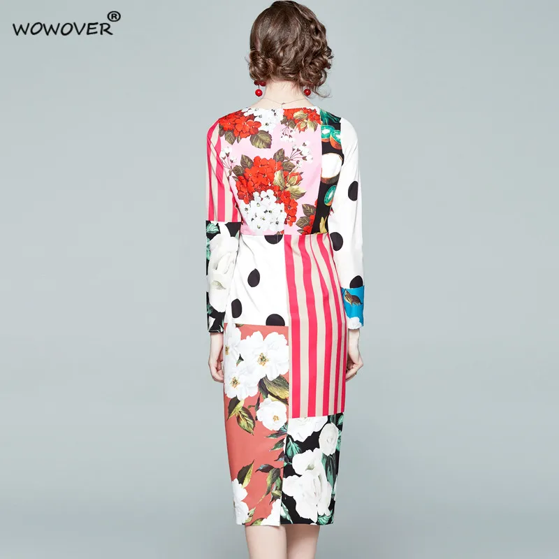 

High Quality Women's Runway Fashion Spring Autumn Dress Long Sleeve Floral Print Elegant Midi Straight Office Party Robe Femme