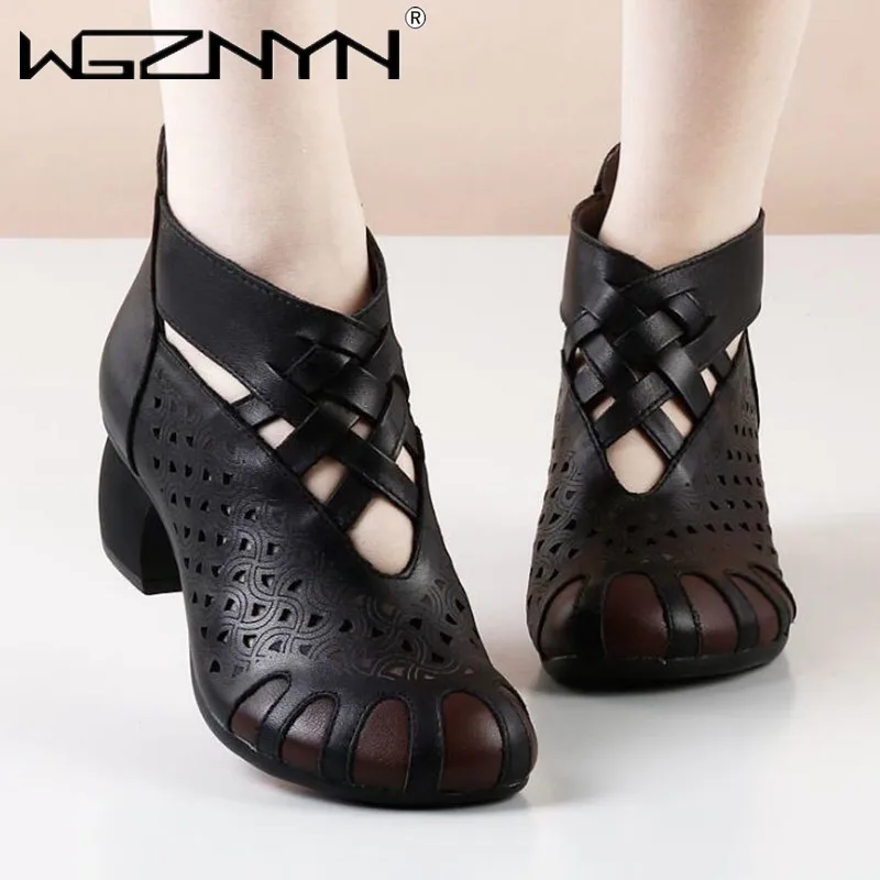 Босоножки женские кожаные в римском стиле на толстом каблуке дышащие | Обувь