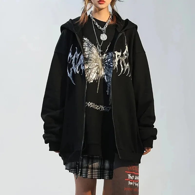 

Women Hip Hop Y2k Harajuku Hoodies Butterfly Print Coat Streetwear Jacket Goth Aesthetic Grunge Punk Zip-up Women's Jackets 2021