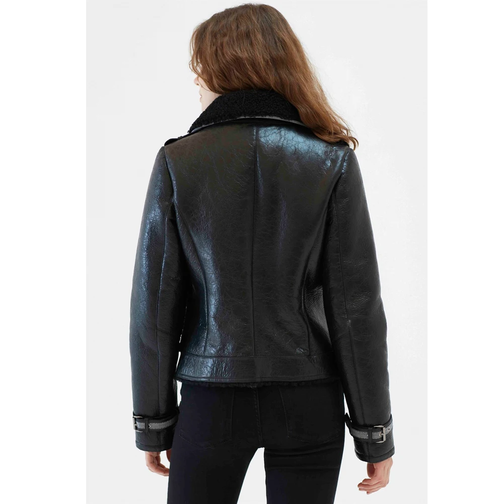 Womens Black Shearling Coat Turkey Wool Coat Short Leather Jacket Womens Bomber Jacket Fur Coat