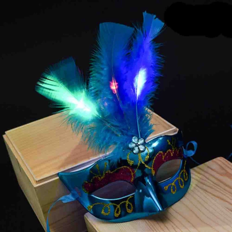 blue Новая Сексуальная Женская мигающая маска с перьями светящиеся светлые венецианские маски светодиодный для тусовки вечеринки декор косплей свадьба Хэллоуин Пурим - Цвет: blue