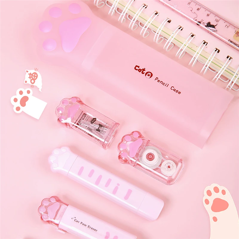 Kawaii Cat Claw Learning Set Stationery Ruler Utility Knife Pencil Sharpener Point Glue Correction Tape Pencil case School Gift
