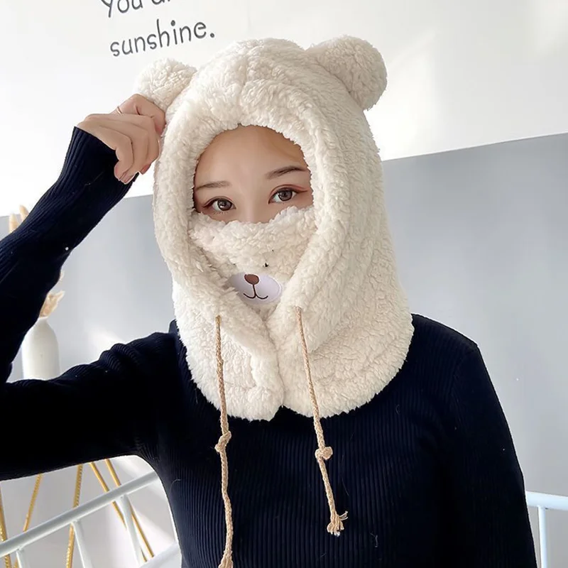 Милая шапка со звериными ушками в виде медвежонка, теплая и плотная, с защитой лица, осенний вариант для женщин и девочек.