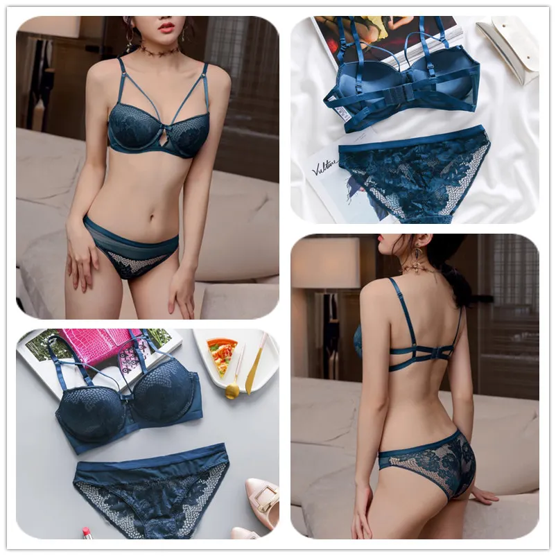

Lace Half Cup Beauty Back Bow Embroidered Gathered Bra + Panties Set Lady Bra & Brief Sets
