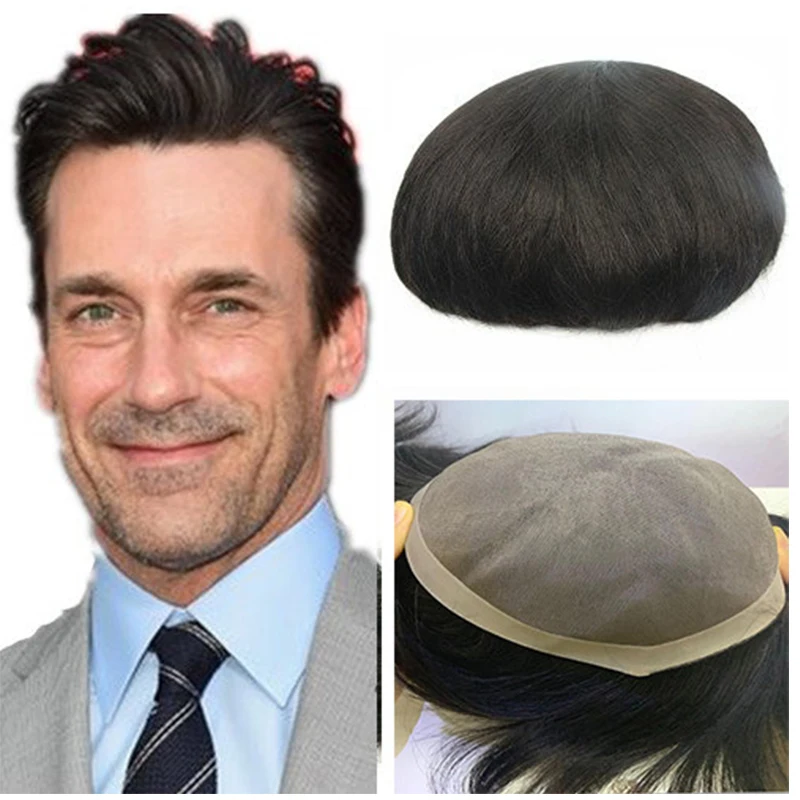 HairPiece Wig Men Toupee Human Hair Wig Natural Handmade Mens Toupee Fine Mono PU Replacement Systems Natural Straight Black