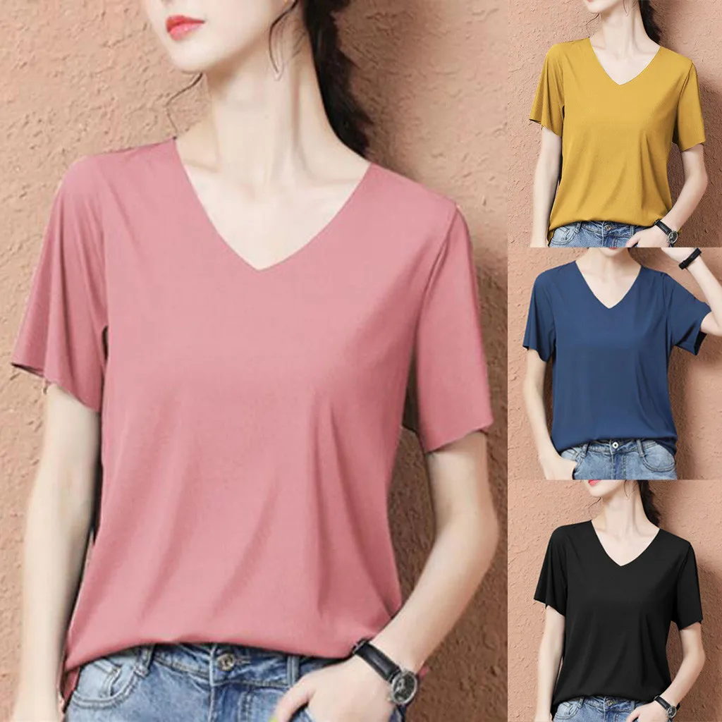 Футболка женская однотонная с V-образным вырезом и коротким рукавом | Женская