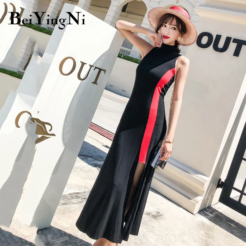 

Beiyingni Vintage Long Dresses Women Fashion Elegant Party Club Dress Womans Korean Street Sleeveless Split Spell Color Vestidos